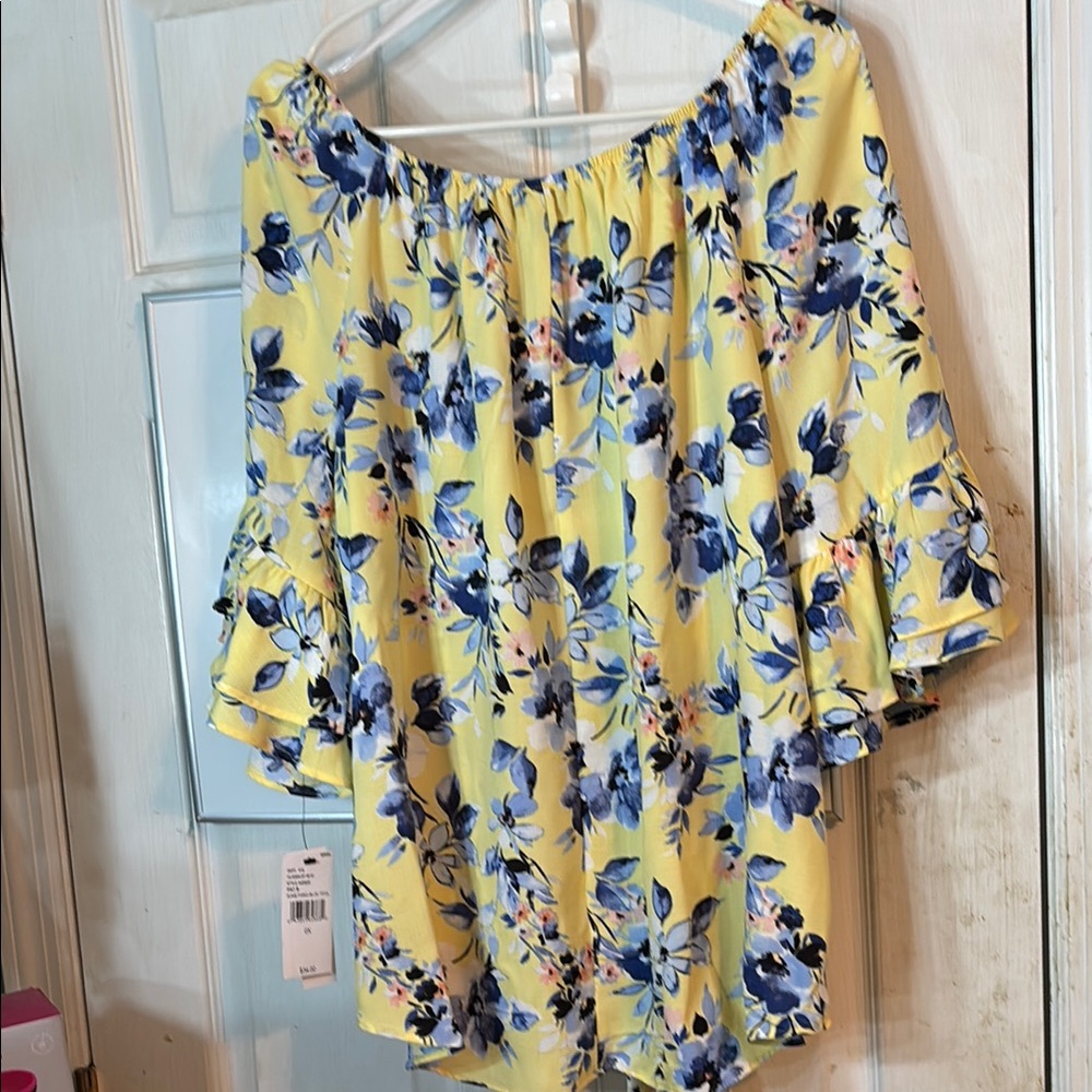 AB Studio Yellow and Blue Ruffled Flutter Sleeve Blouse - Picture 6 of 6
